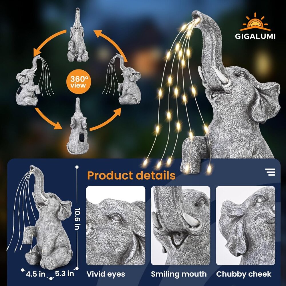 Elephant Statue Solar Garden Decor, Birthday Gifts For Women, Gifts For Mom Gran View 3